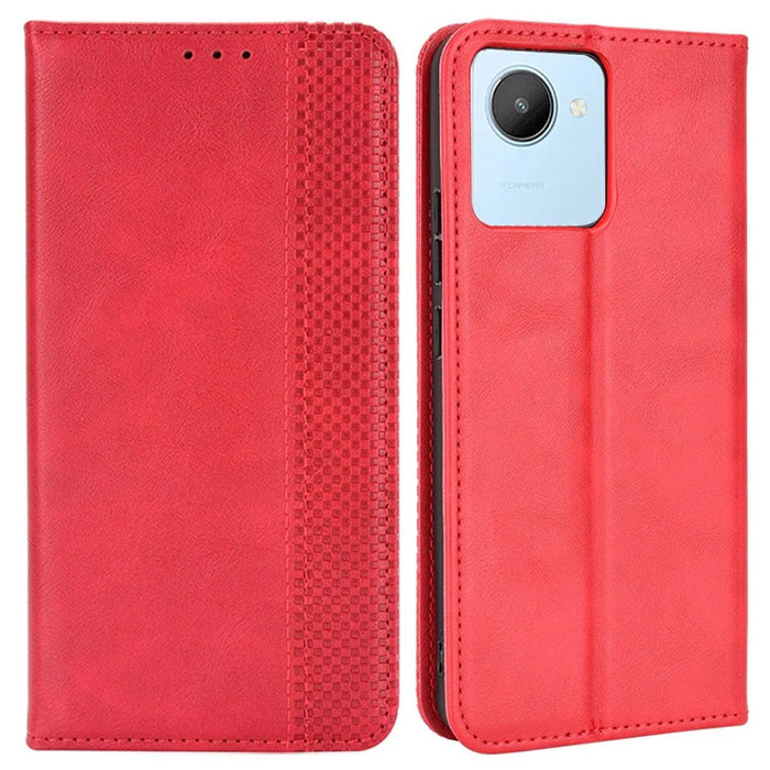 For Realme C30 4G Anti-fingerprint Retro PU Leather Wallet Case Stand Function Flip Auto Closing Magnetic Cover - Red - 1