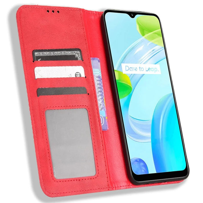 For Realme C30 4G Anti-fingerprint Retro PU Leather Wallet Case Stand Function Flip Auto Closing Magnetic Cover - Red - 2