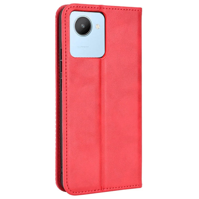 For Realme C30 4G Anti-fingerprint Retro PU Leather Wallet Case Stand Function Flip Auto Closing Magnetic Cover - Red - 7