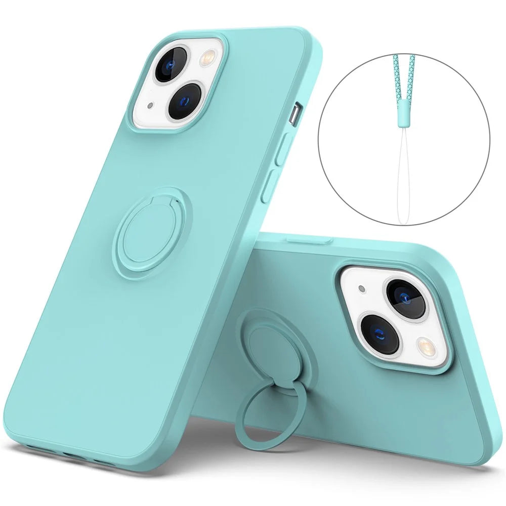 For iPhone 14 6.1 inch Cell Phone Case Magnetic Metal Sheet Design Ring Holder Kickstand Liquid Silicone Phone Cover with Wrist Strap - Sky Blue - 1