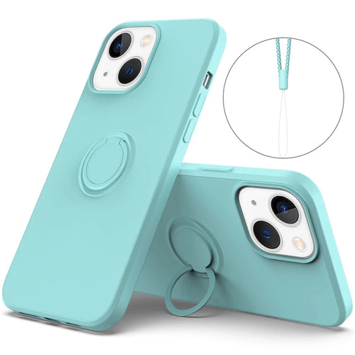 For iPhone 14 6.1 inch Cell Phone Case Magnetic Metal Sheet Design Ring Holder Kickstand Liquid Silicone Phone Cover with Wrist Strap - Sky Blue - 1