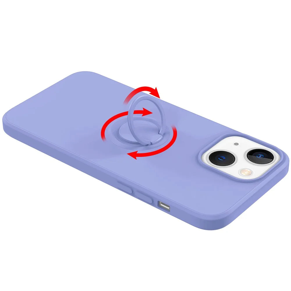For iPhone 14 6.1 inch Cell Phone Case Magnetic Metal Sheet Design Ring Holder Kickstand Liquid Silicone Phone Cover with Wrist Strap - Sky Blue - 3