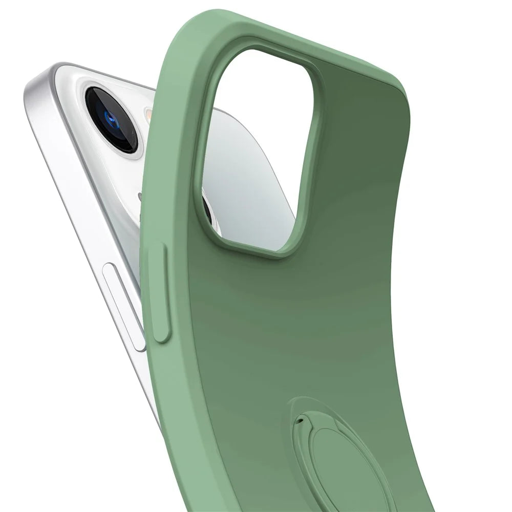 For iPhone 14 6.1 inch Cell Phone Case Magnetic Metal Sheet Design Ring Holder Kickstand Liquid Silicone Phone Cover with Wrist Strap - Sky Blue - 4