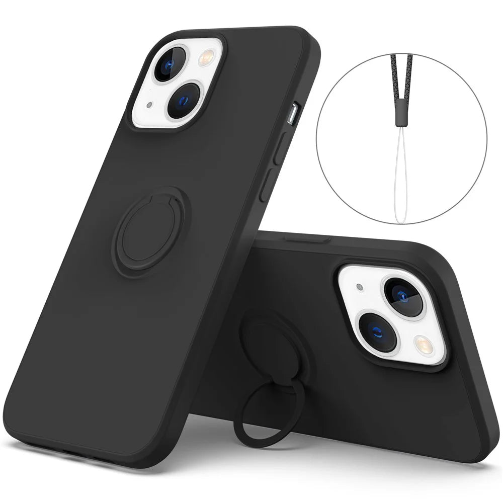 For iPhone 14 Plus 6.7 inch Easy Grip Ring Kickstand Liquid Silicone Phone Case Protective Back Cover with Wrist Strap - Black - 1