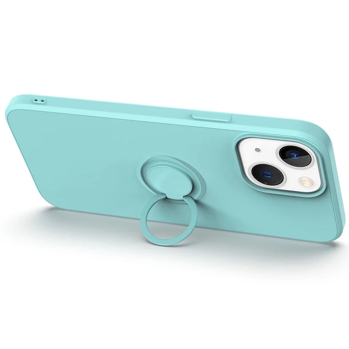 For iPhone 14 Plus 6.7 inch Easy Grip Ring Kickstand Liquid Silicone Phone Case Protective Back Cover with Wrist Strap - Black - 2