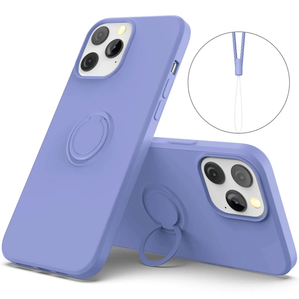 For iPhone 14 Pro 6.1 inch Built-in Magnetic Metal Sheet Liquid Silicone Cell Phone Case Cover with Wrist Strap and Ring Holder Kickstand - Purple - 1