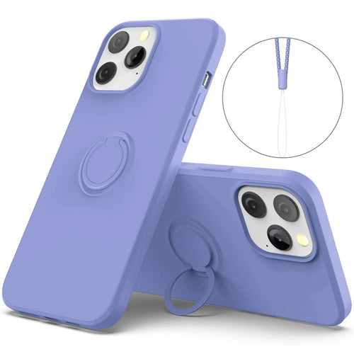 For iPhone 14 Pro 6.1 inch Built-in Magnetic Metal Sheet Liquid Silicone Cell Phone Case Cover with Wrist Strap and Ring Holder Kickstand - Purple - 1