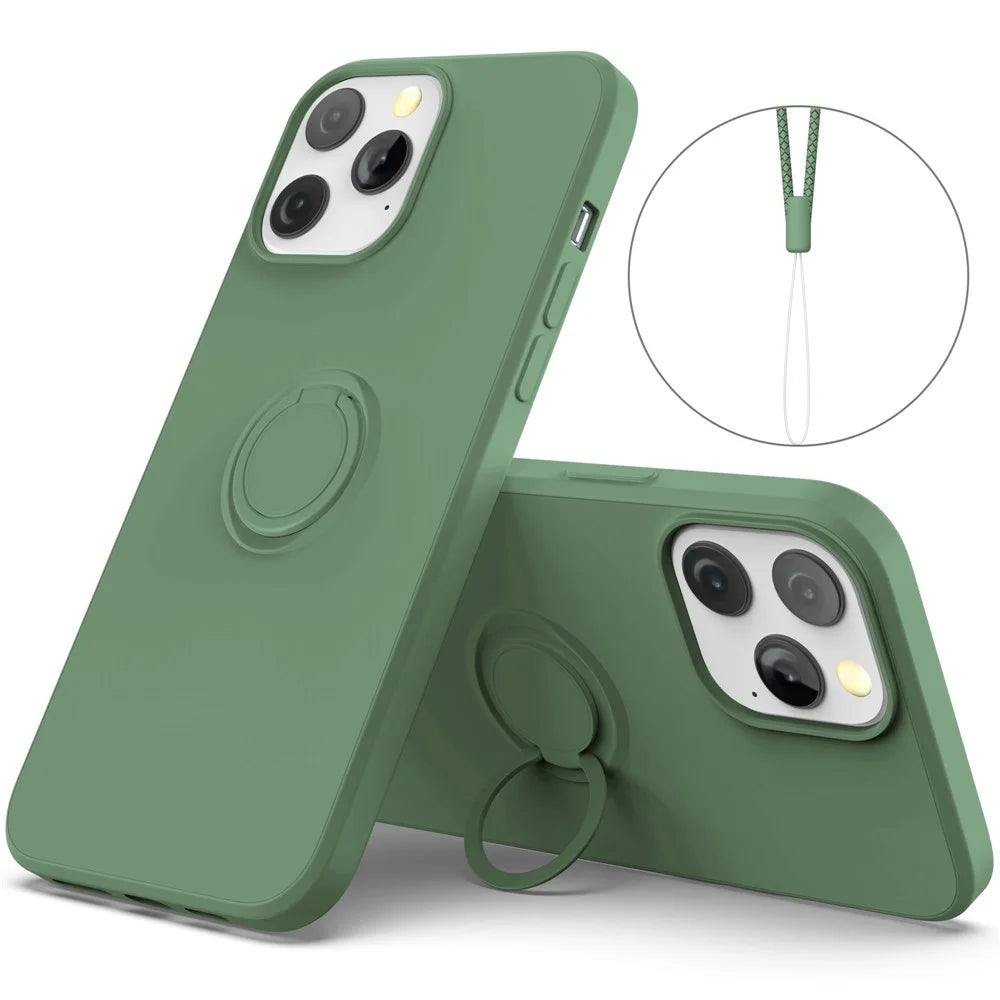 For iPhone 14 Pro Max 6.7 inch Ring Kickstand Design Liquid Silicone Phone Case Protective Cover with Lanyard - Green - 1