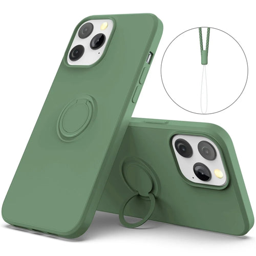 For iPhone 14 Pro Max 6.7 inch Ring Kickstand Design Liquid Silicone Phone Case Protective Cover with Lanyard - Green - 1