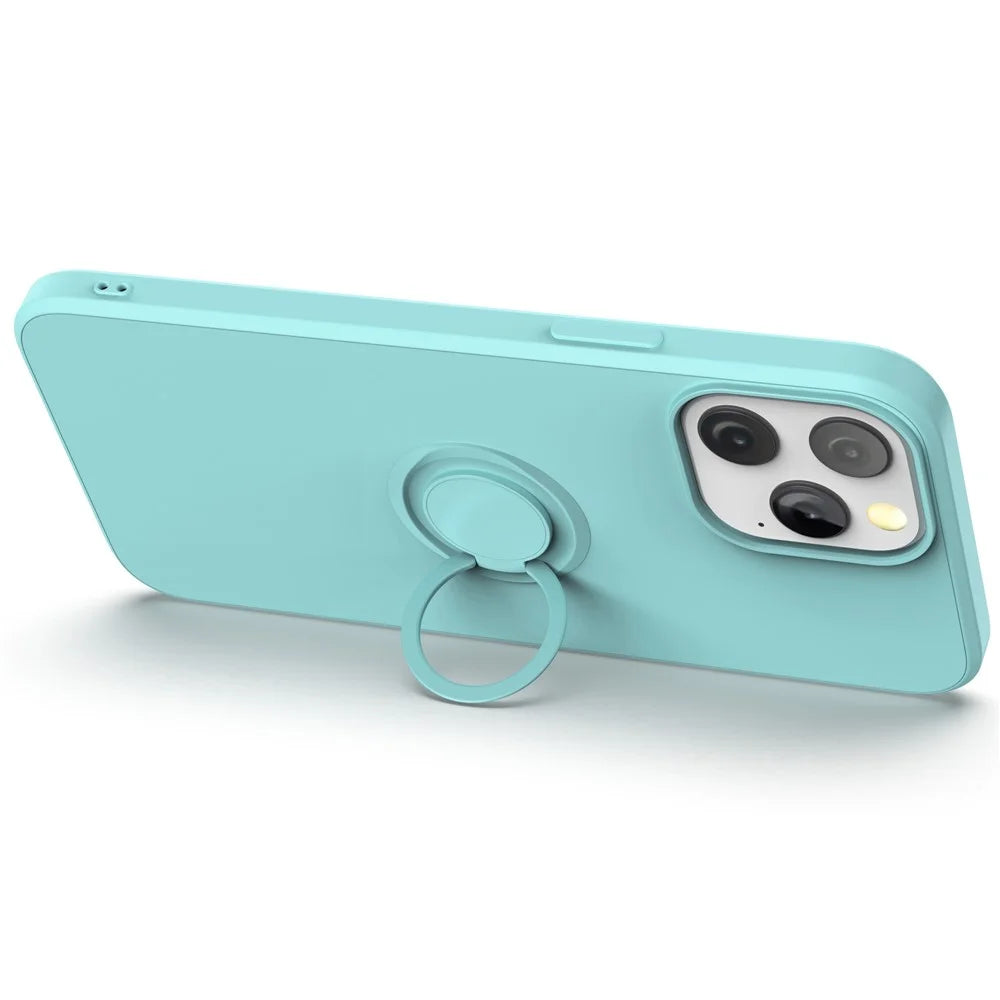 For iPhone 14 Pro Max 6.7 inch Ring Kickstand Design Liquid Silicone Phone Case Protective Cover with Lanyard - Green - 3