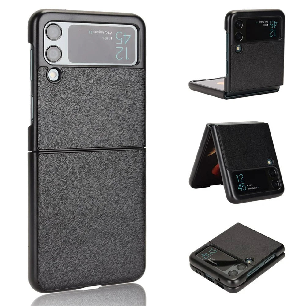 For Samsung Galaxy Z Flip3 5G Shockproof Phone Cover Textured PU Leather Coated PC Protective Phone Case - Black - 1