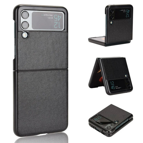 For Samsung Galaxy Z Flip3 5G Shockproof Phone Cover Textured PU Leather Coated PC Protective Phone Case - Black - 1