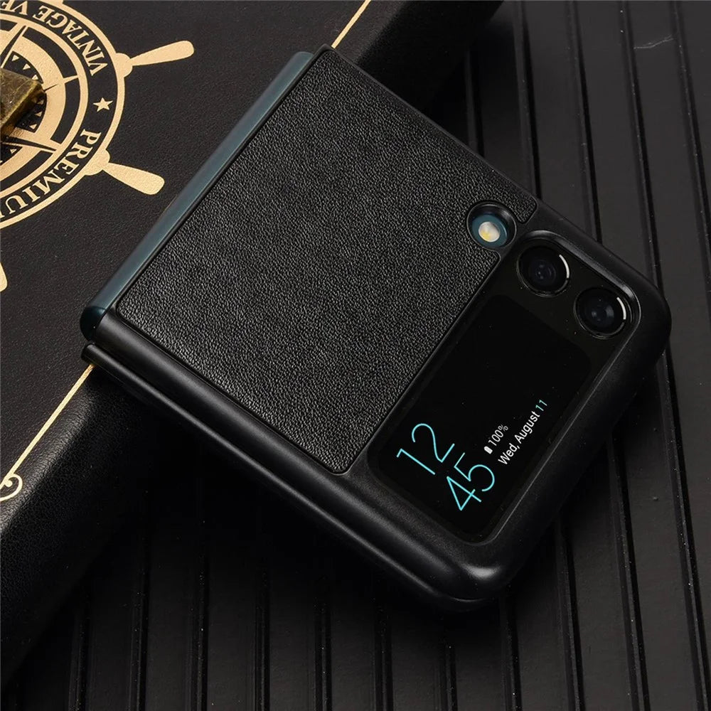 For Samsung Galaxy Z Flip3 5G Shockproof Phone Cover Textured PU Leather Coated PC Protective Phone Case - Black - 6