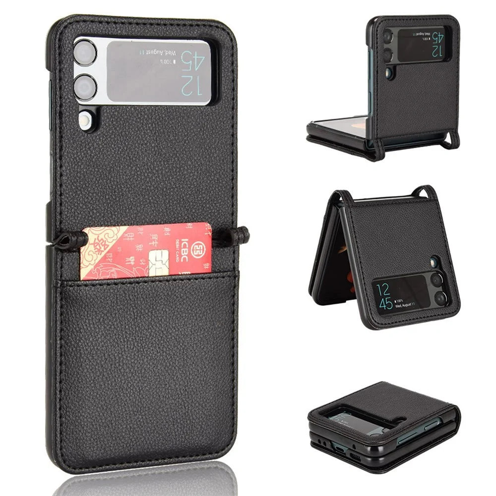 For Samsung Galaxy Z Flip4 5G Litchi Texture PU Leather Coated PC Phone Case Shockproof One-piece Cell Phone Cover with Card Slot - Black - 1