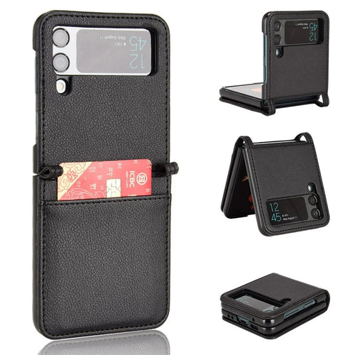 For Samsung Galaxy Z Flip4 5G Litchi Texture PU Leather Coated PC Phone Case Shockproof One-piece Cell Phone Cover with Card Slot - Black - 1