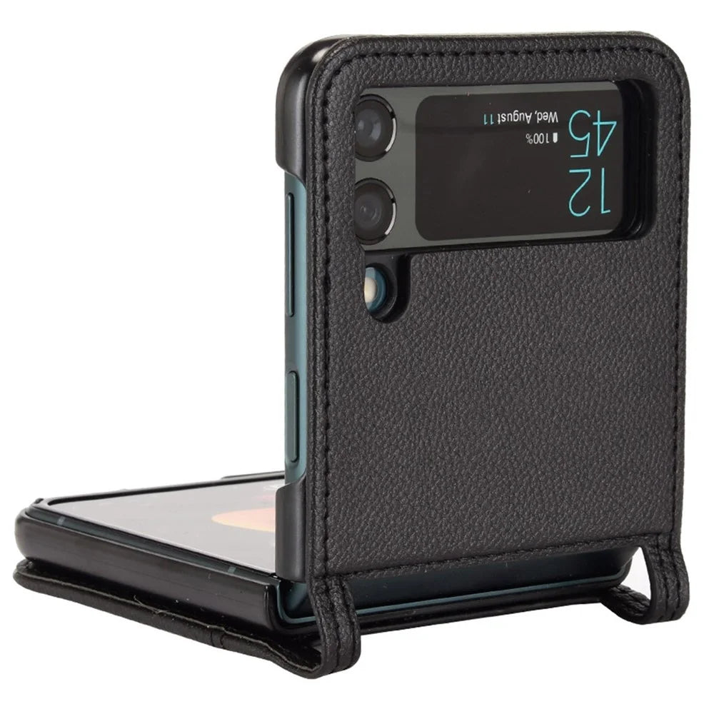 For Samsung Galaxy Z Flip4 5G Litchi Texture PU Leather Coated PC Phone Case Shockproof One-piece Cell Phone Cover with Card Slot - Black - 2