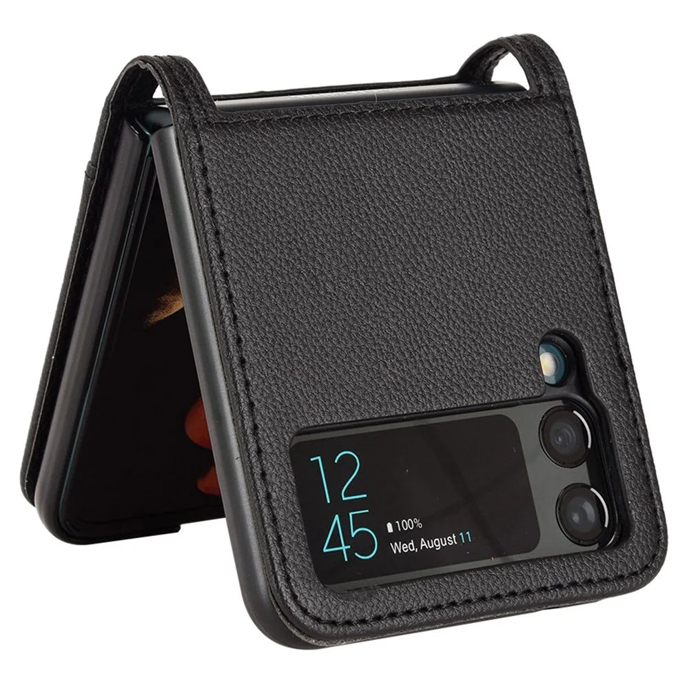For Samsung Galaxy Z Flip4 5G Litchi Texture PU Leather Coated PC Phone Case Shockproof One-piece Cell Phone Cover with Card Slot - Black - 3