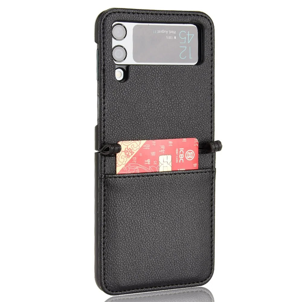 For Samsung Galaxy Z Flip4 5G Litchi Texture PU Leather Coated PC Phone Case Shockproof One-piece Cell Phone Cover with Card Slot - Black - 4