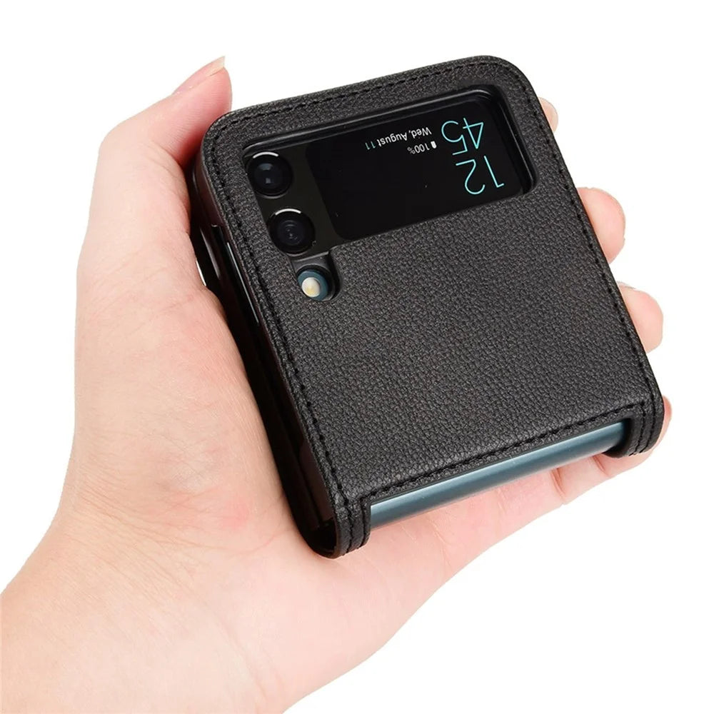 For Samsung Galaxy Z Flip4 5G Litchi Texture PU Leather Coated PC Phone Case Shockproof One-piece Cell Phone Cover with Card Slot - Black - 5