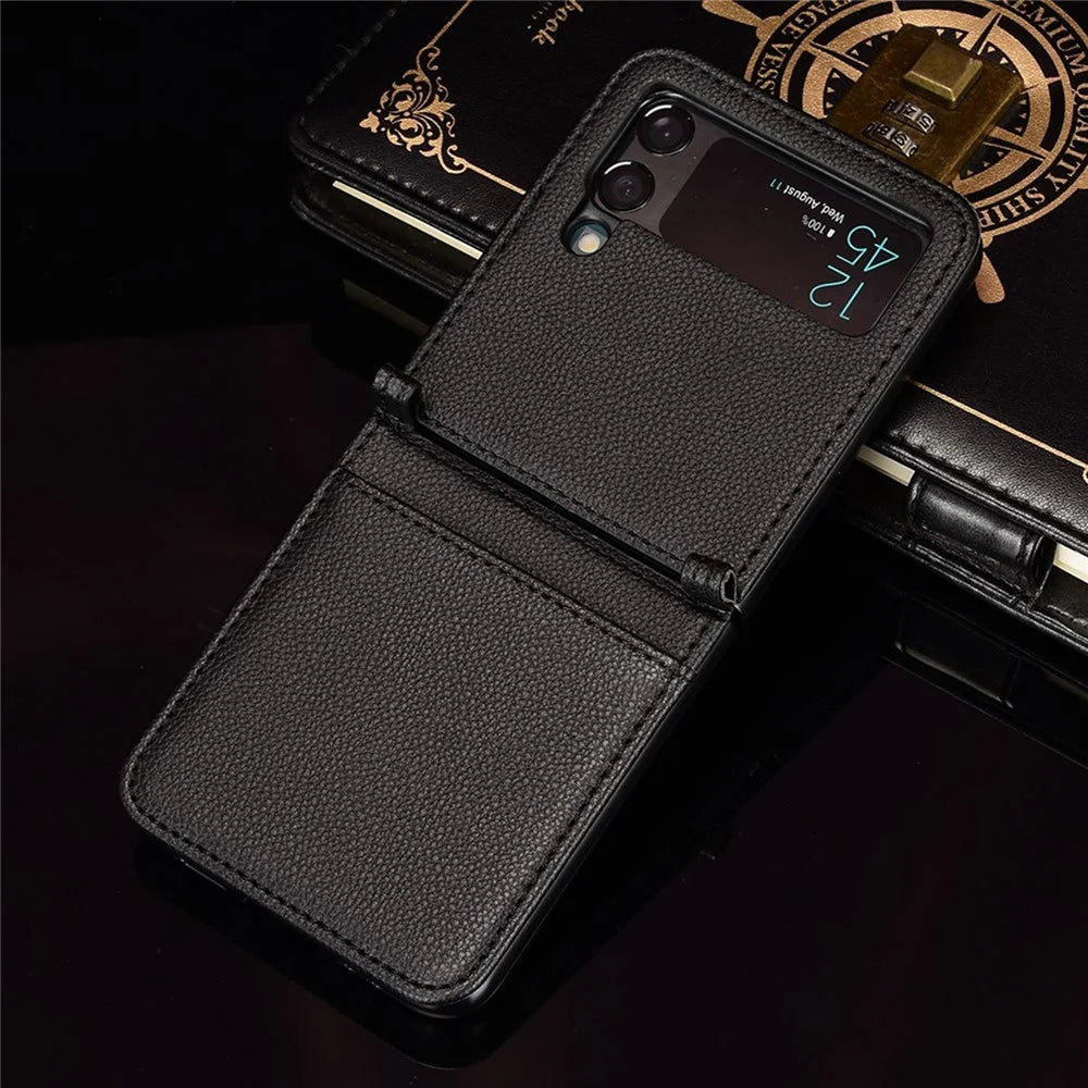 For Samsung Galaxy Z Flip4 5G Litchi Texture PU Leather Coated PC Phone Case Shockproof One-piece Cell Phone Cover with Card Slot - Black - 6