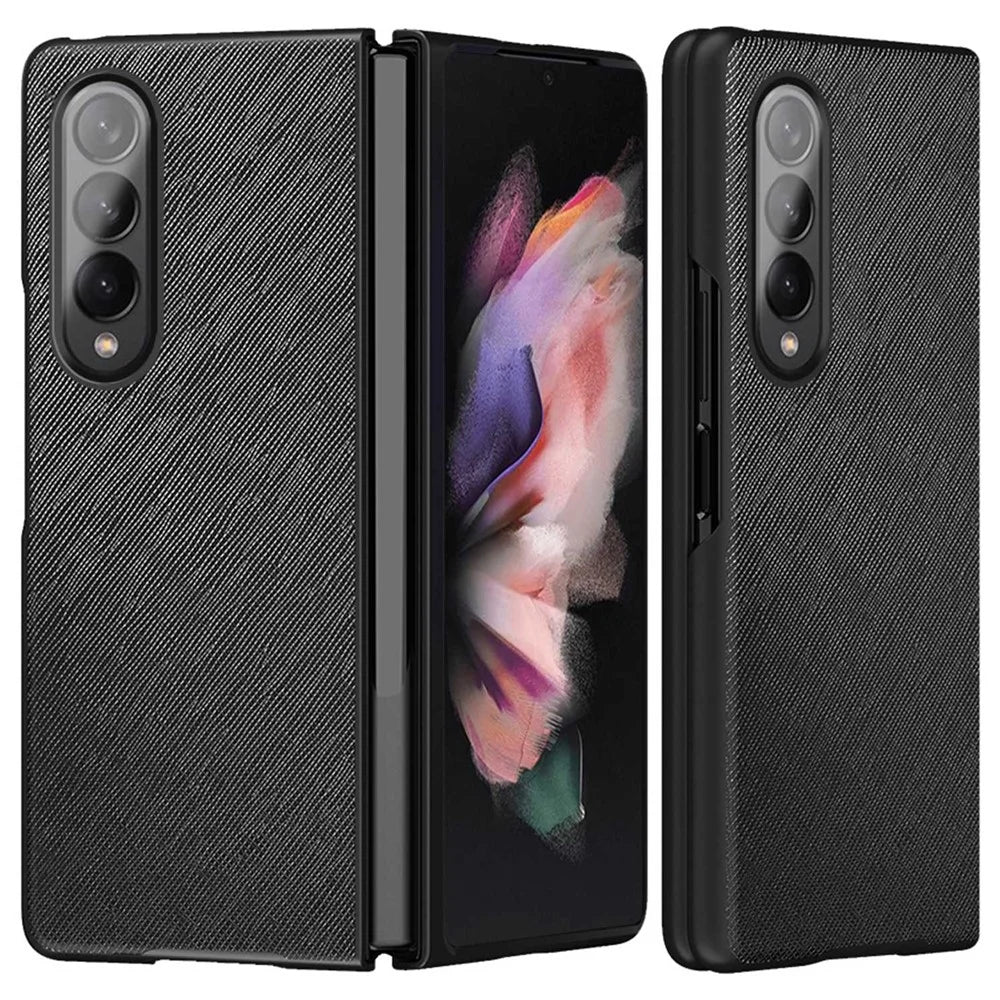 For Samsung Galaxy Z Fold4 5G Anti-drop Cross Texture Phone Case Rubberized PU Leather Coated PC Wear-resistant Phone Cover Shell - Black - 1