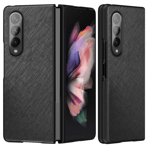 For Samsung Galaxy Z Fold4 5G Anti-drop Cross Texture Phone Case Rubberized PU Leather Coated PC Wear-resistant Phone Cover Shell - Black - 1