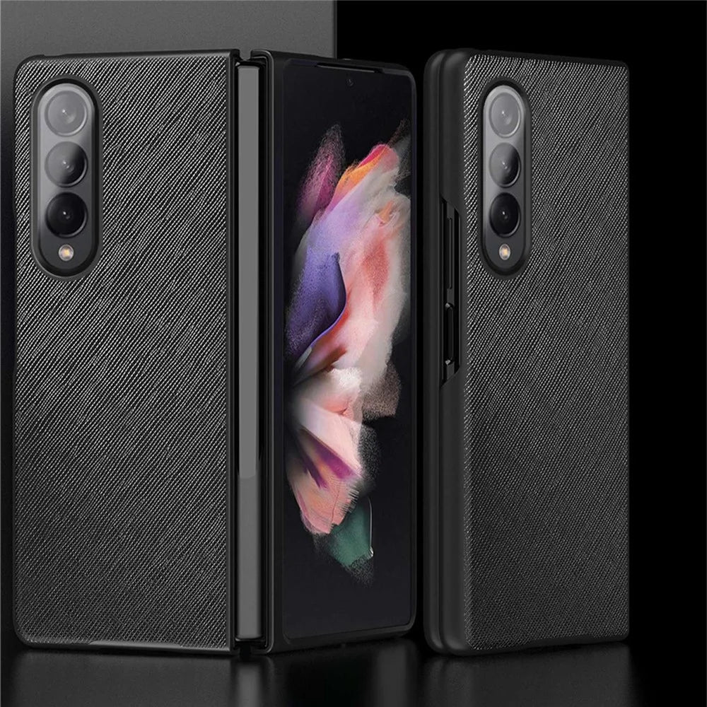 For Samsung Galaxy Z Fold4 5G Anti-drop Cross Texture Phone Case Rubberized PU Leather Coated PC Wear-resistant Phone Cover Shell - Black - 2