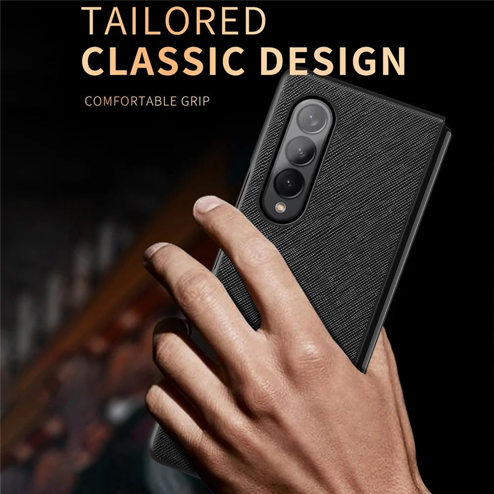 For Samsung Galaxy Z Fold4 5G Anti-drop Cross Texture Phone Case Rubberized PU Leather Coated PC Wear-resistant Phone Cover Shell - Black - 4