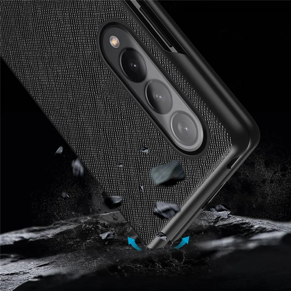 For Samsung Galaxy Z Fold4 5G Anti-drop Cross Texture Phone Case Rubberized PU Leather Coated PC Wear-resistant Phone Cover Shell - Black - 5
