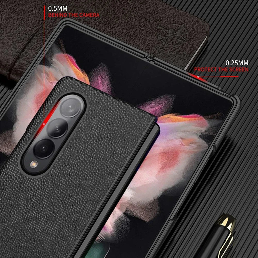 For Samsung Galaxy Z Fold4 5G Anti-drop Cross Texture Phone Case Rubberized PU Leather Coated PC Wear-resistant Phone Cover Shell - Black - 6