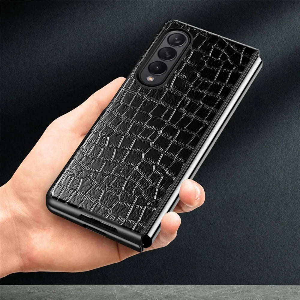 For Samsung Galaxy Z Fold4 5G Anti-Scratch Crocodile Texture PU Leather Coated Hard PC Phone Back Cover Case - Black - 5