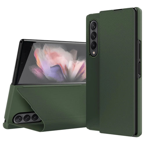 For Samsung Galaxy Z Fold4 5G Aramid Fiber Texture PU Leather Stand Case Magnetic Auto-Closure Folio Flip Phone Cover - Green - 1