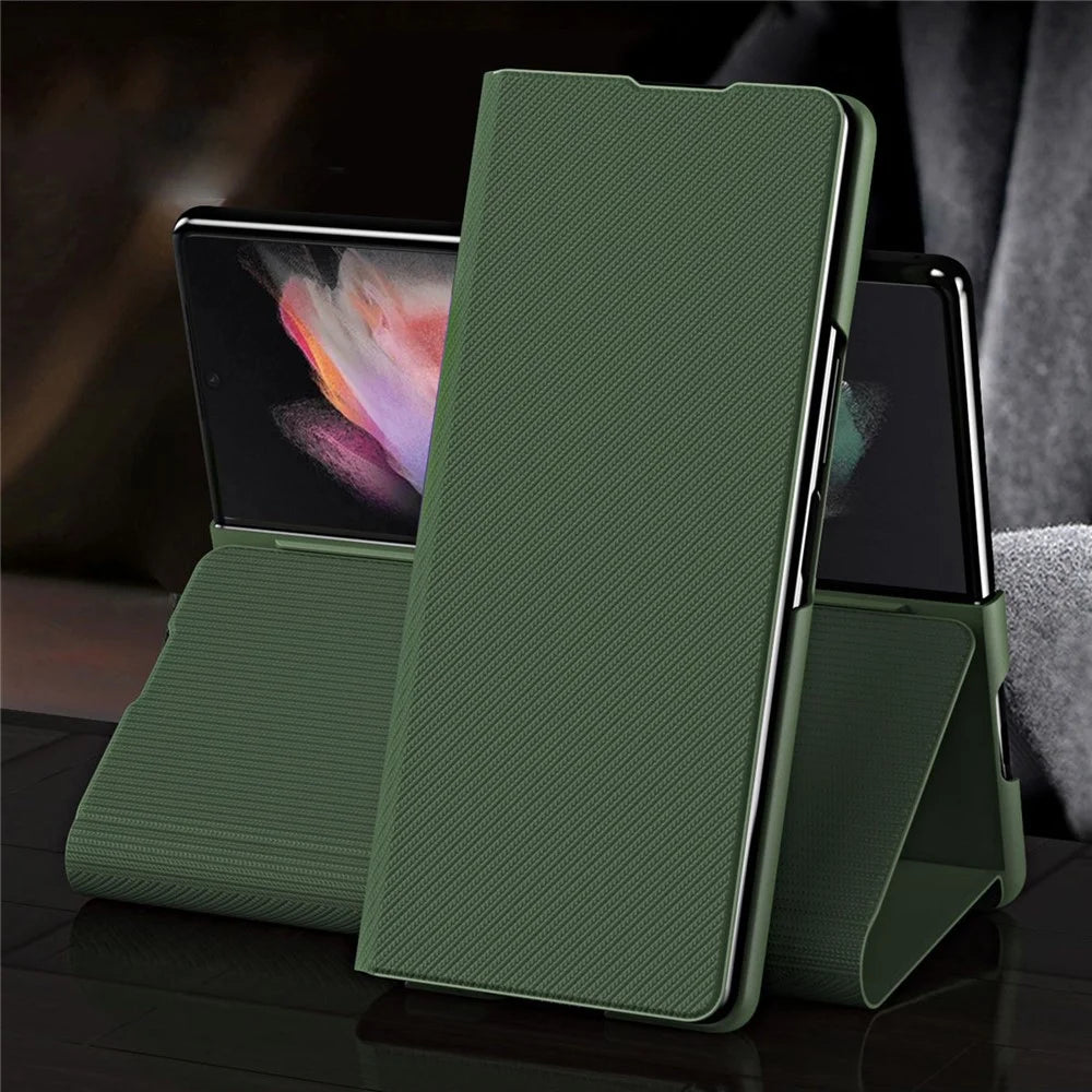 For Samsung Galaxy Z Fold4 5G Aramid Fiber Texture PU Leather Stand Case Magnetic Auto-Closure Folio Flip Phone Cover - Green - 2