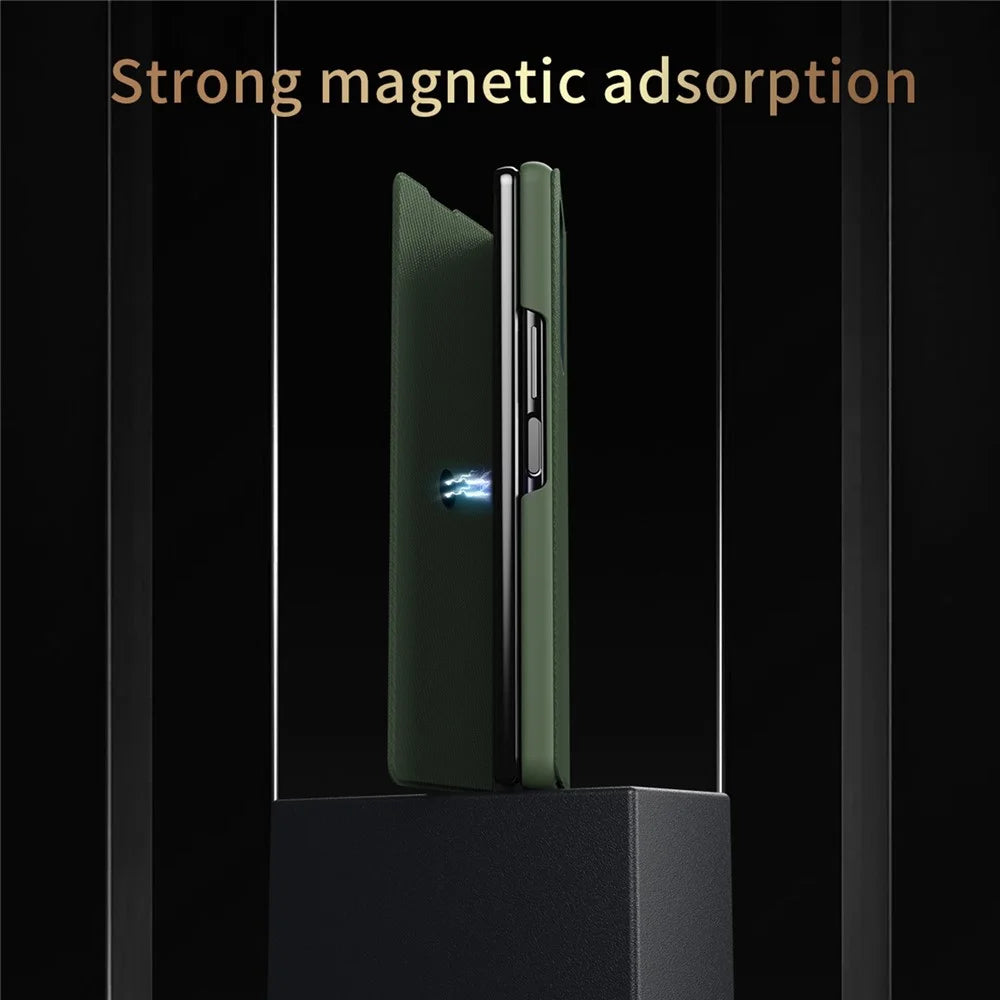 For Samsung Galaxy Z Fold4 5G Aramid Fiber Texture PU Leather Stand Case Magnetic Auto-Closure Folio Flip Phone Cover - Green - 5