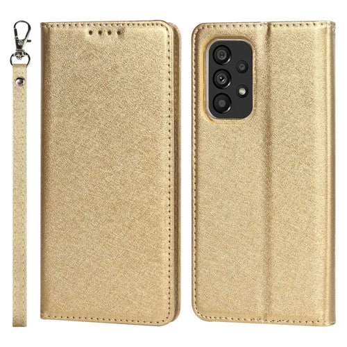 For Samsung Galaxy A53 5G Anti-scratch Flip Wallet Case Stand Shockproof PU Leather Silk Texture Mobile Phone Cover with Strap Card Holder - Gold - 1