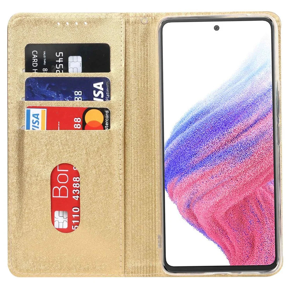 For Samsung Galaxy A53 5G Anti-scratch Flip Wallet Case Stand Shockproof PU Leather Silk Texture Mobile Phone Cover with Strap Card Holder - Gold - 2