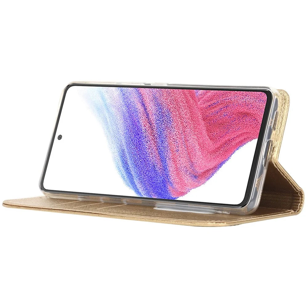 For Samsung Galaxy A53 5G Anti-scratch Flip Wallet Case Stand Shockproof PU Leather Silk Texture Mobile Phone Cover with Strap Card Holder - Gold - 3