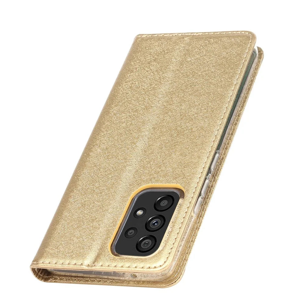 For Samsung Galaxy A53 5G Anti-scratch Flip Wallet Case Stand Shockproof PU Leather Silk Texture Mobile Phone Cover with Strap Card Holder - Gold - 5