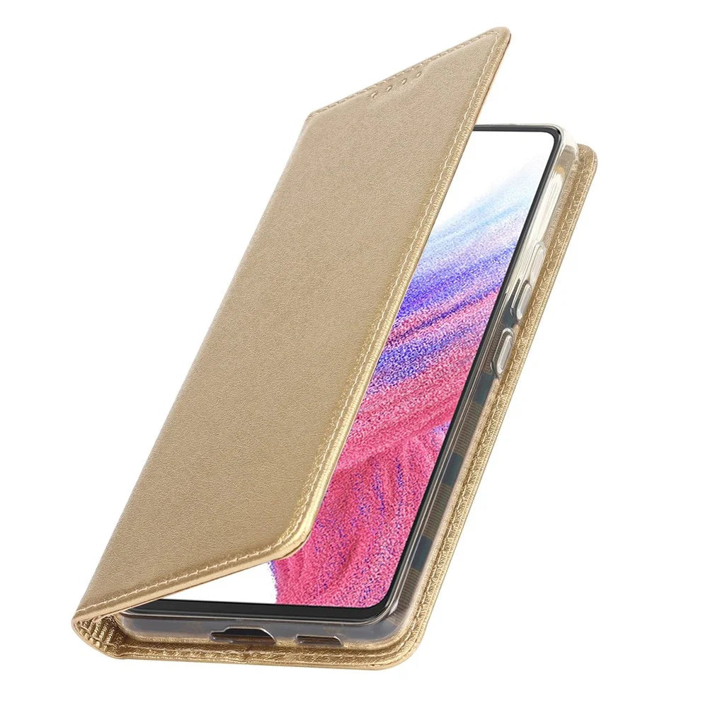 For Samsung Galaxy A53 5G Anti-scratch Flip Wallet Case Stand Shockproof PU Leather Silk Texture Mobile Phone Cover with Strap Card Holder - Gold - 6