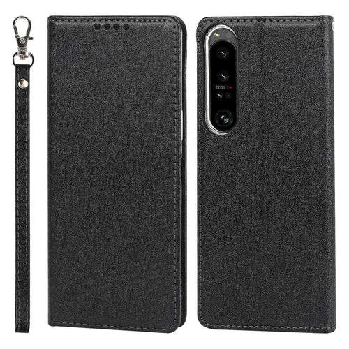 For Sony Xperia 1 IV 5G Shockproof PU Leather Silk Texture Phone Case Full Protection Flip Wallet Stand with Strap - Black - 1