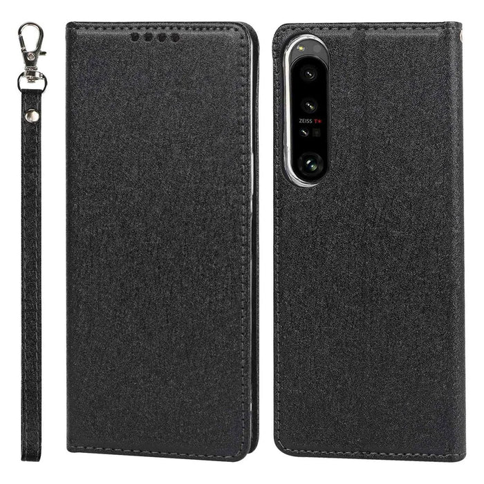 For Sony Xperia 1 IV 5G Shockproof PU Leather Silk Texture Phone Case Full Protection Flip Wallet Stand with Strap - Black - 1