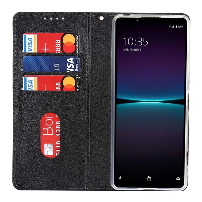 For Sony Xperia 1 IV 5G Shockproof PU Leather Silk Texture Phone Case Full Protection Flip Wallet Stand with Strap - Black - 2