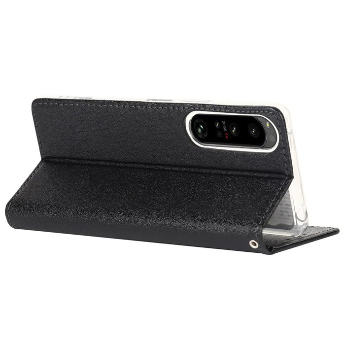 For Sony Xperia 1 IV 5G Shockproof PU Leather Silk Texture Phone Case Full Protection Flip Wallet Stand with Strap - Black - 4