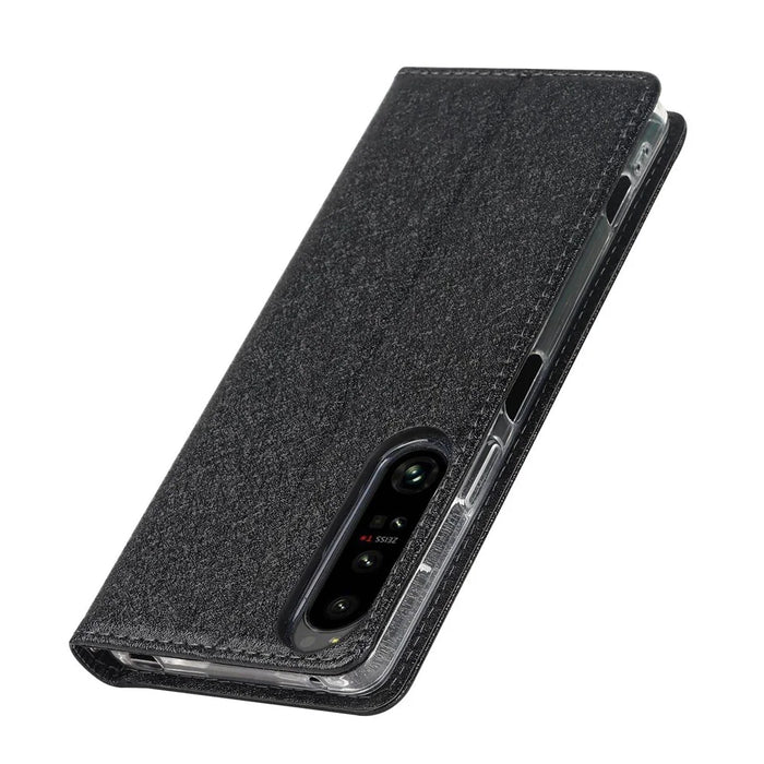 For Sony Xperia 1 IV 5G Shockproof PU Leather Silk Texture Phone Case Full Protection Flip Wallet Stand with Strap - Black - 5