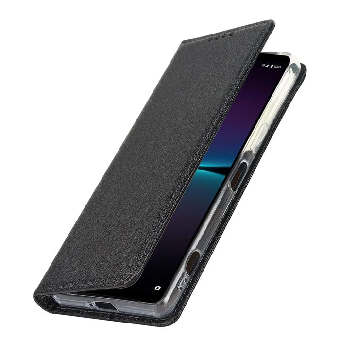 For Sony Xperia 1 IV 5G Shockproof PU Leather Silk Texture Phone Case Full Protection Flip Wallet Stand with Strap - Black - 6