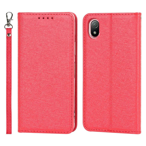 For Sony Xperia Ace III PU Leather Silk Texture Phone Case Stand Flip Wallet Cover with Wrist Strap - Red - 1