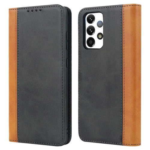 For Samsung Galaxy A52s 5G / A52 4G / 5G Shockproof Flip Cover Bi-color Splicing Magnetic Auto-absorbed PU Leather Phone Case with Wallet Stand - Black / Yellow - 1