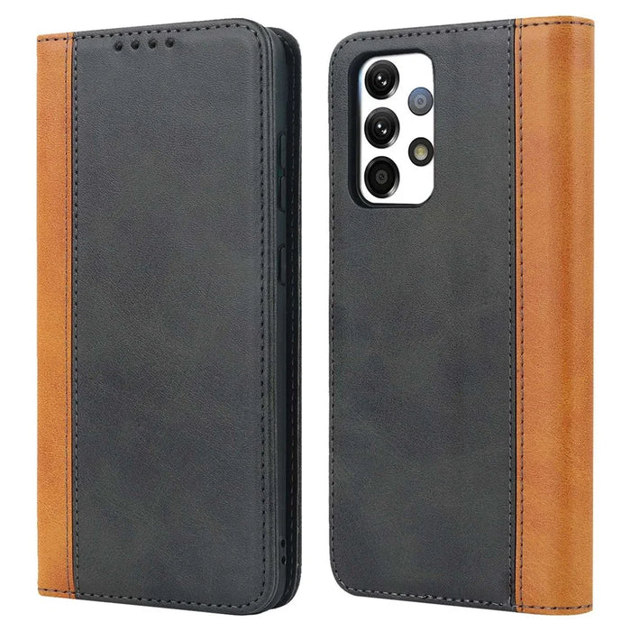 For Samsung Galaxy A52s 5G / A52 4G / 5G Shockproof Flip Cover Bi-color Splicing Magnetic Auto-absorbed PU Leather Phone Case with Wallet Stand - Black / Yellow - 1