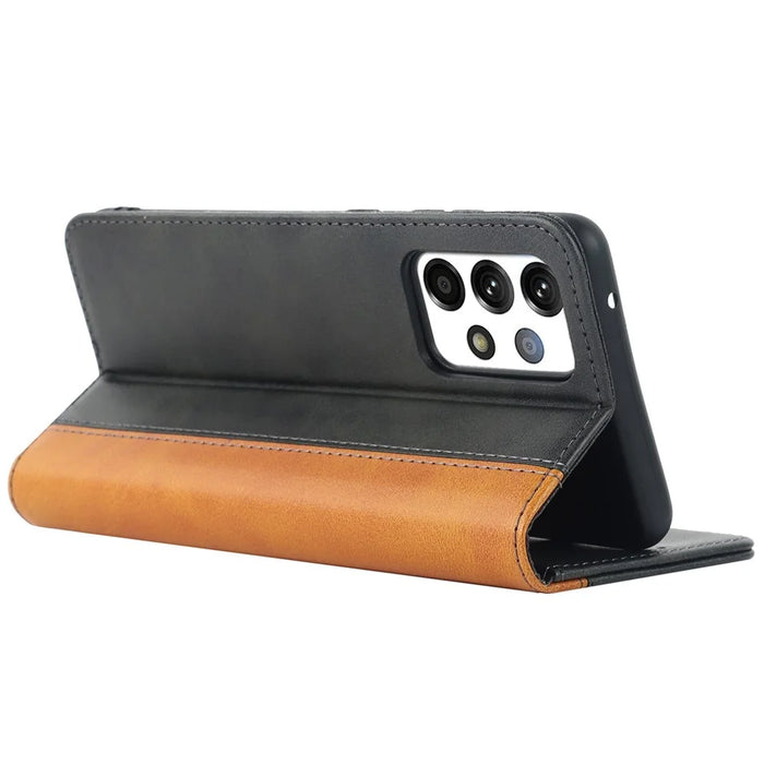 For Samsung Galaxy A52s 5G / A52 4G / 5G Shockproof Flip Cover Bi-color Splicing Magnetic Auto-absorbed PU Leather Phone Case with Wallet Stand - Black / Yellow - 3