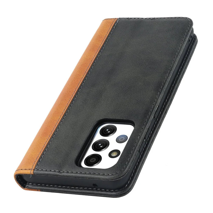 For Samsung Galaxy A52s 5G / A52 4G / 5G Shockproof Flip Cover Bi-color Splicing Magnetic Auto-absorbed PU Leather Phone Case with Wallet Stand - Black / Yellow - 7